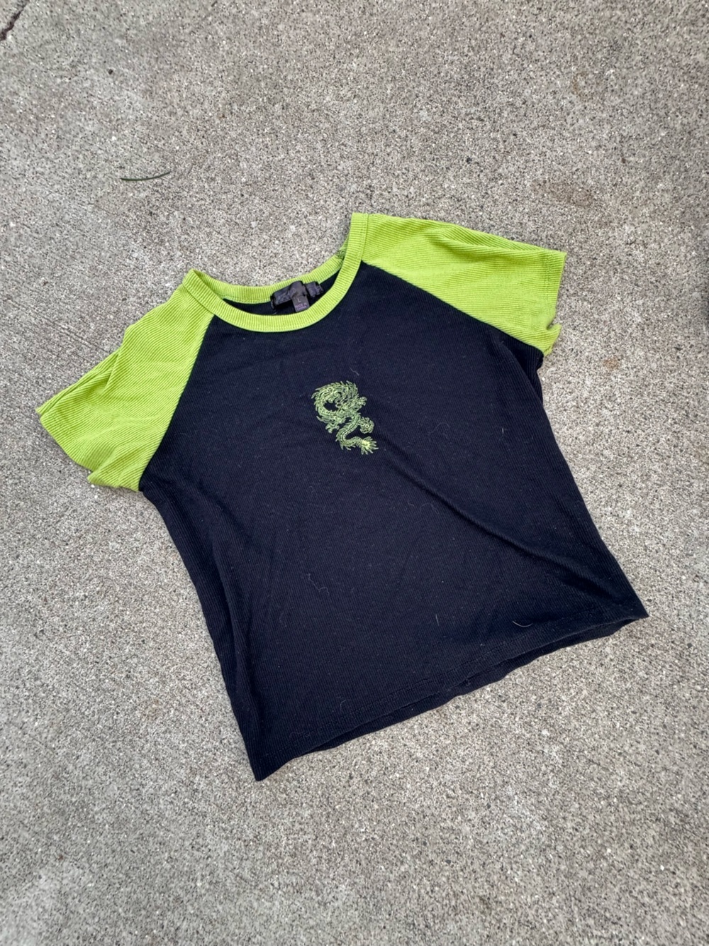 Two-Tone Black & Lime Green Dragon Raglan Tee